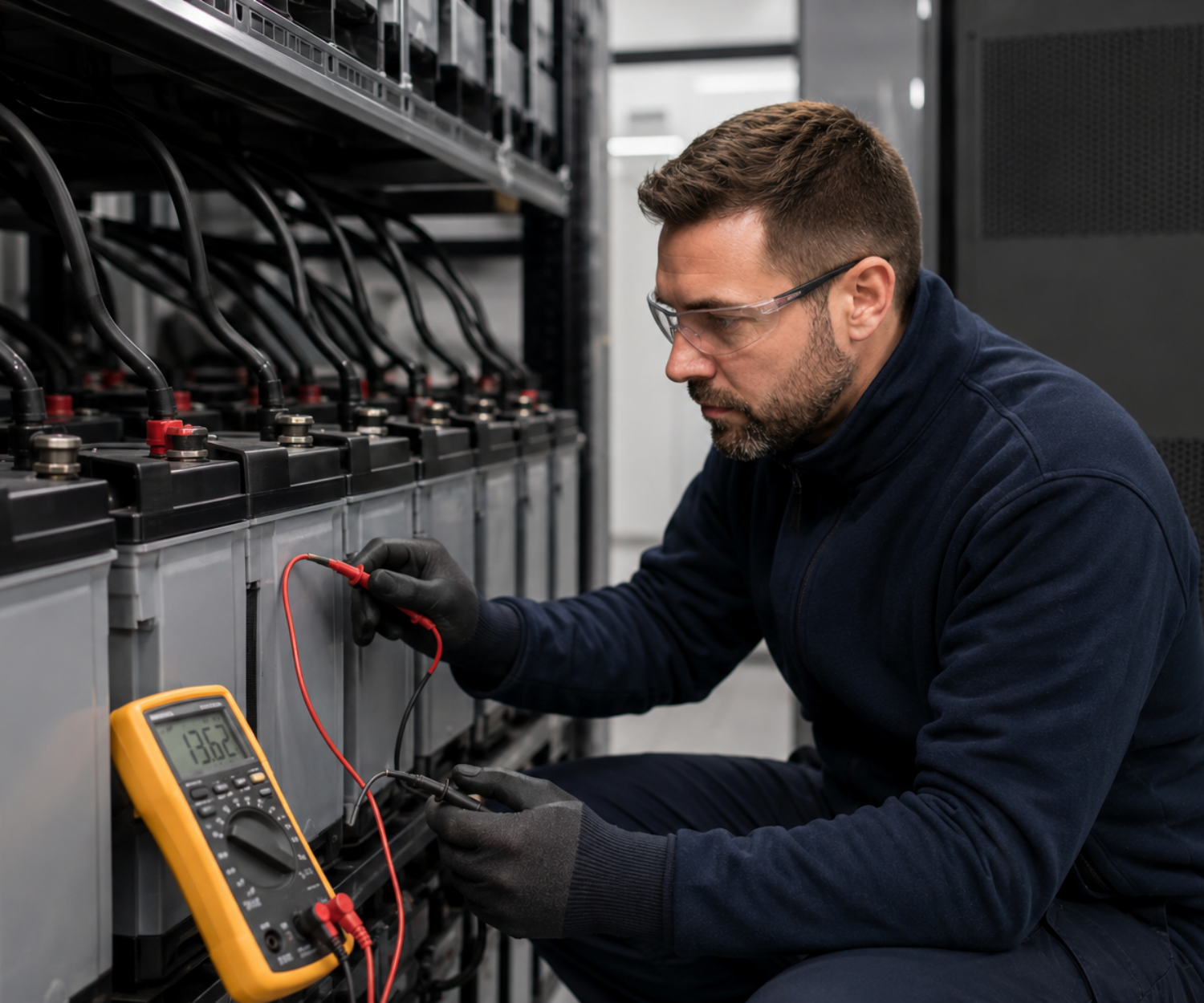 Technician carrying out UPS battery maintenance using a multimeter to test backup power system batteries.